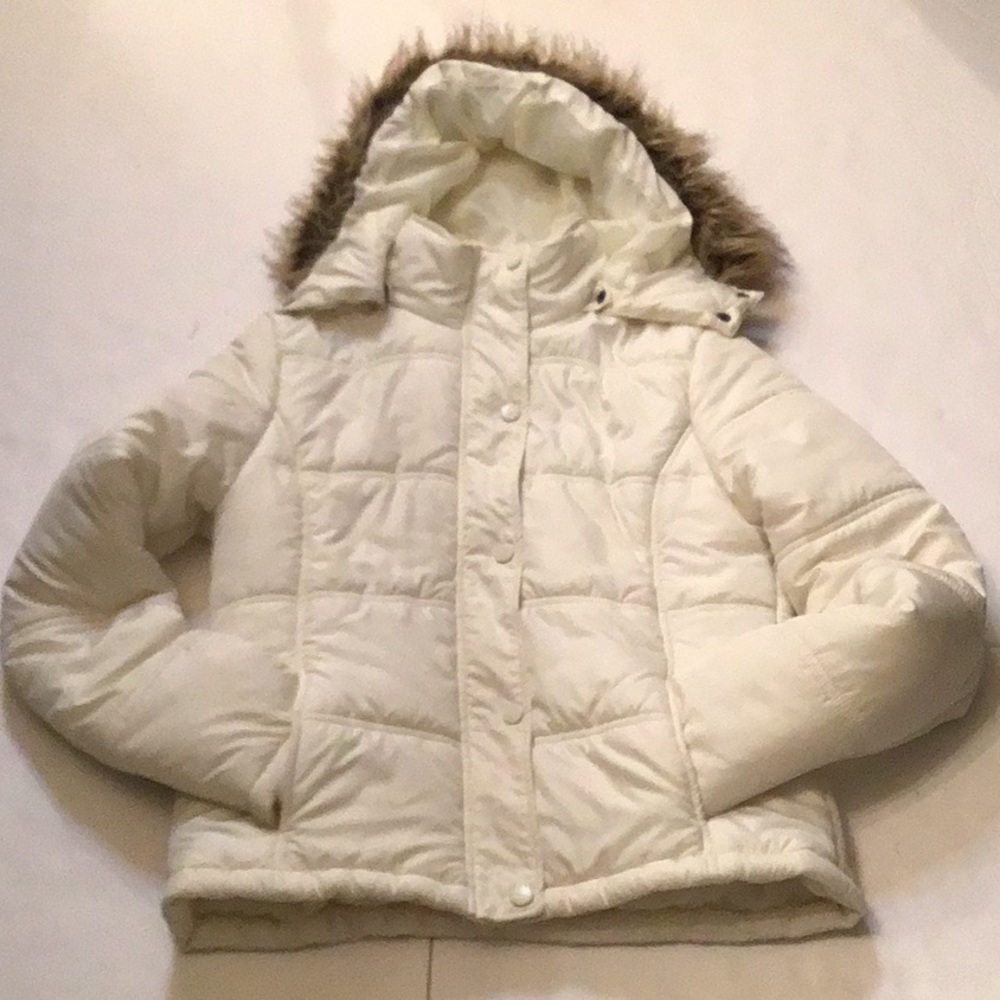 DELIA*S  CREAM COLOR PUFF JACKET COAT WITH FAUX FUR HOOD SZ M - Picture 11 of 11